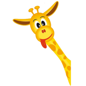 A cartoon giraffe with a long neck, yellow body, and brown spots playfully sticks out its tongue while peeking from the side. The giraffe has a cheerful expression with wide eyes and large ears.