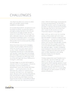 A page from a case study discussing challenges faced by the Universal Health Community Center. It highlights difficulties in managing medical records and resources, with a focus on streamlining documentation through electronic health records (EHR).