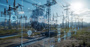 A futuristic digital interface overlays a power station in a rural landscape. The interface displays various data and graphs, suggesting advanced technology and connectivity. Electric pylons stretch into the background under a clear, sunny sky.